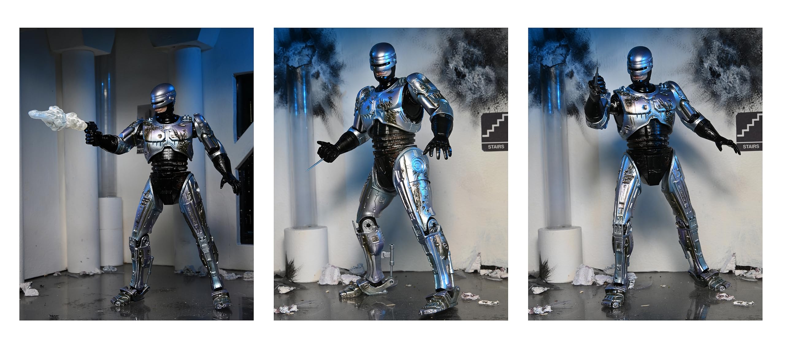 NECA Robocop premium window box with silver foil packaging.