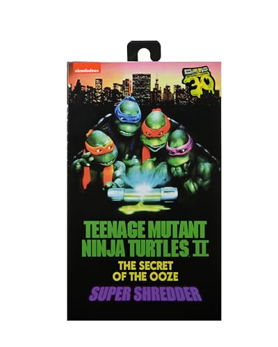 NECA Super Shredder back packaging highlights collector-friendly opening panel for easy setup.