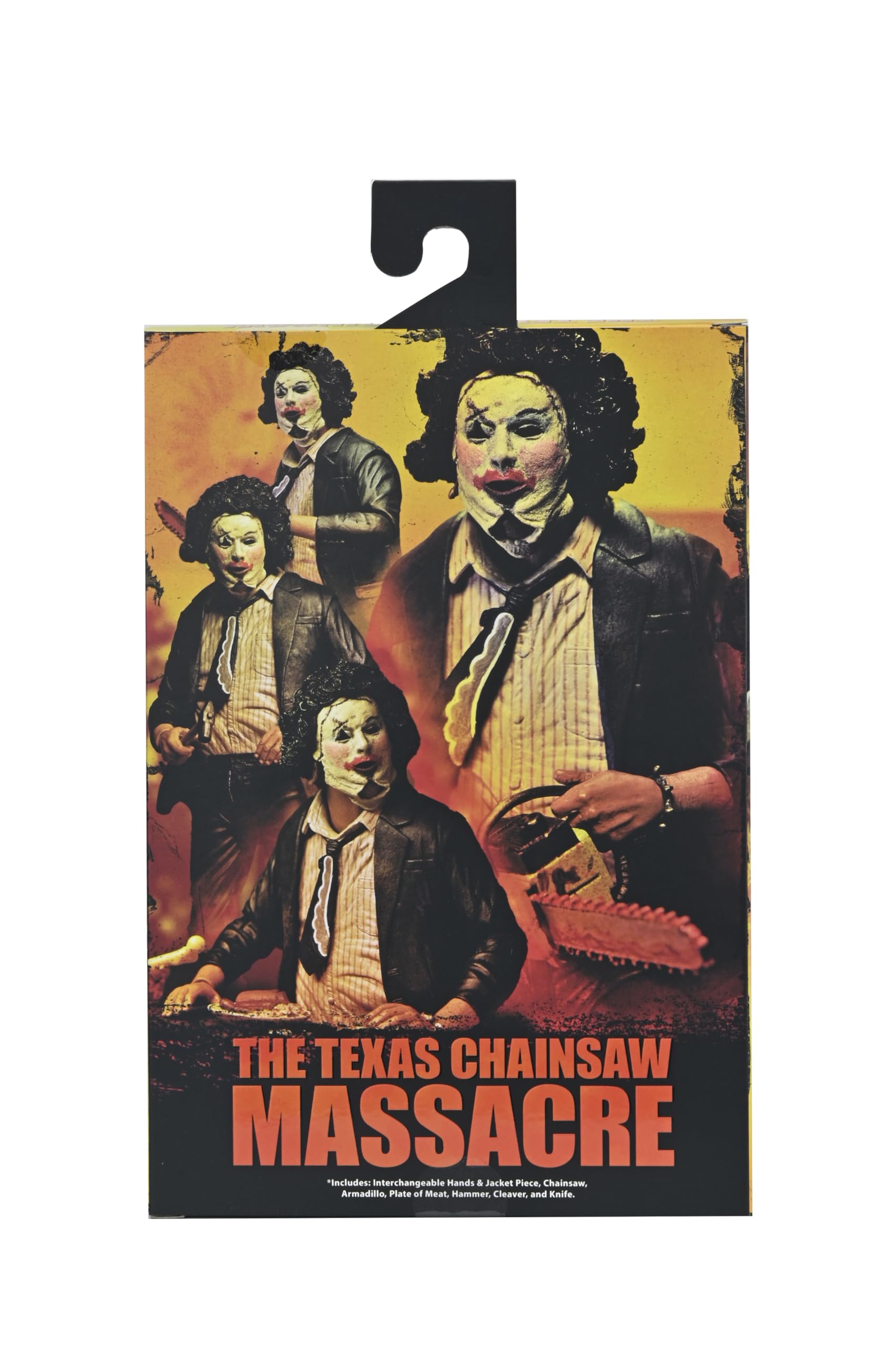 NECA Leatherface accessories with chainsaw and armadillo, ready for poseable display.