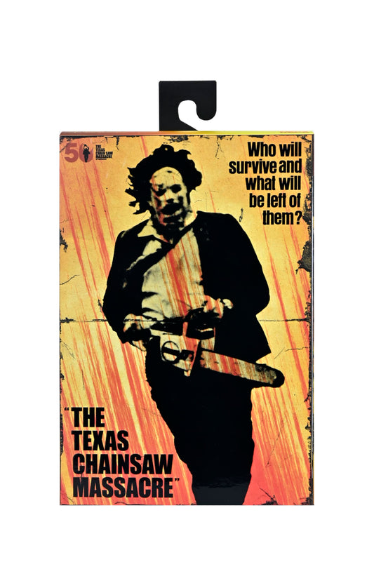 NECA Leatherface figure front packaging view, ideal for display and collection.