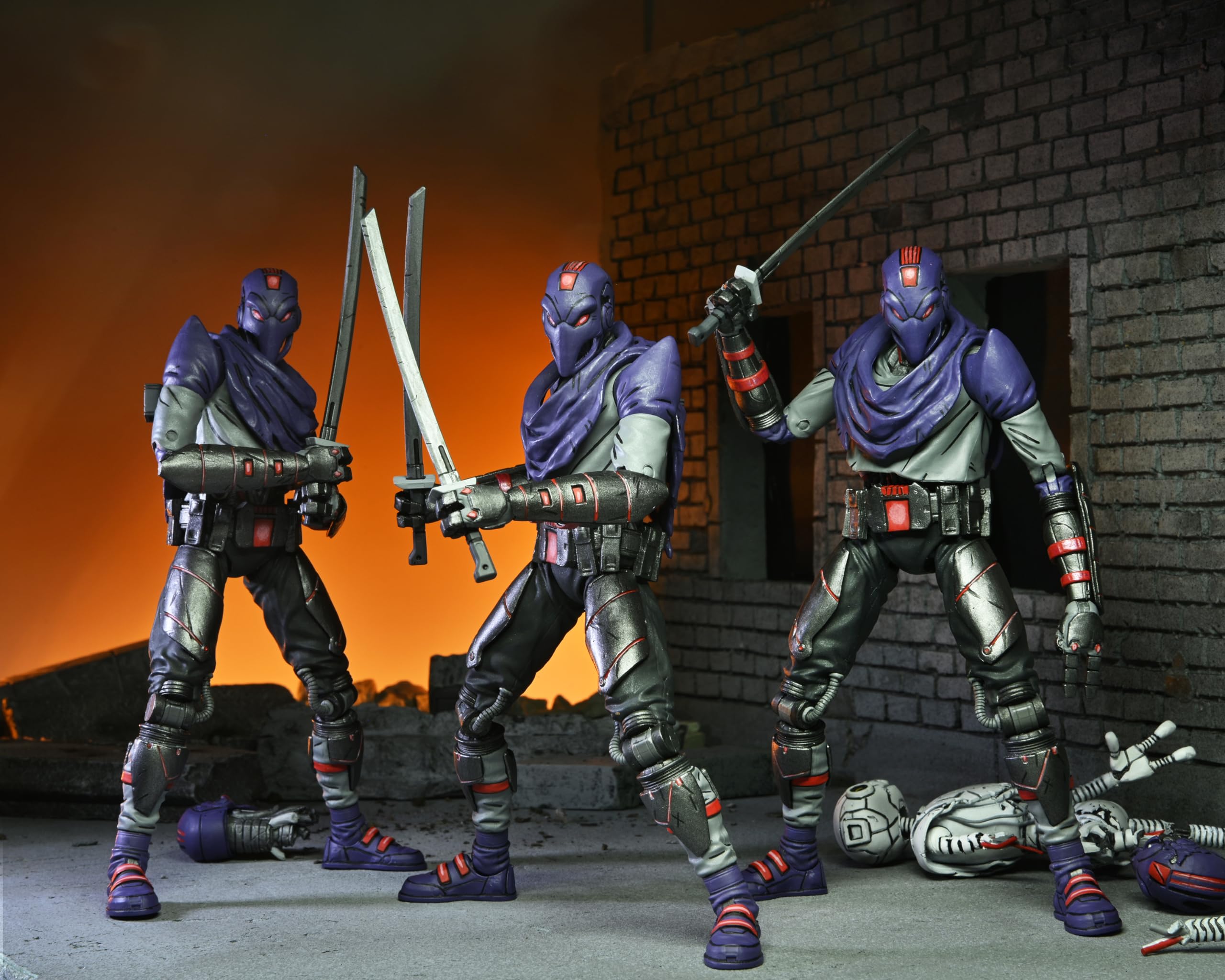 NECA TMNT Last Ronin Foot Bot robo-head scraps attach to Casey sledgehammer setup.