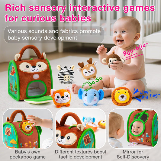 NECTAR BABY deer plush stimulates tactile sensing with gentle rattles for sensory discovery.