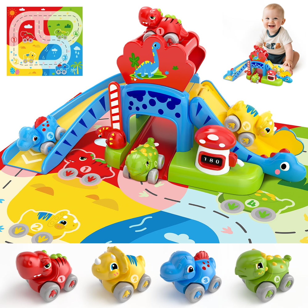 NEHEME dinosaur slide set with four dinos enhances early color and number recognition.