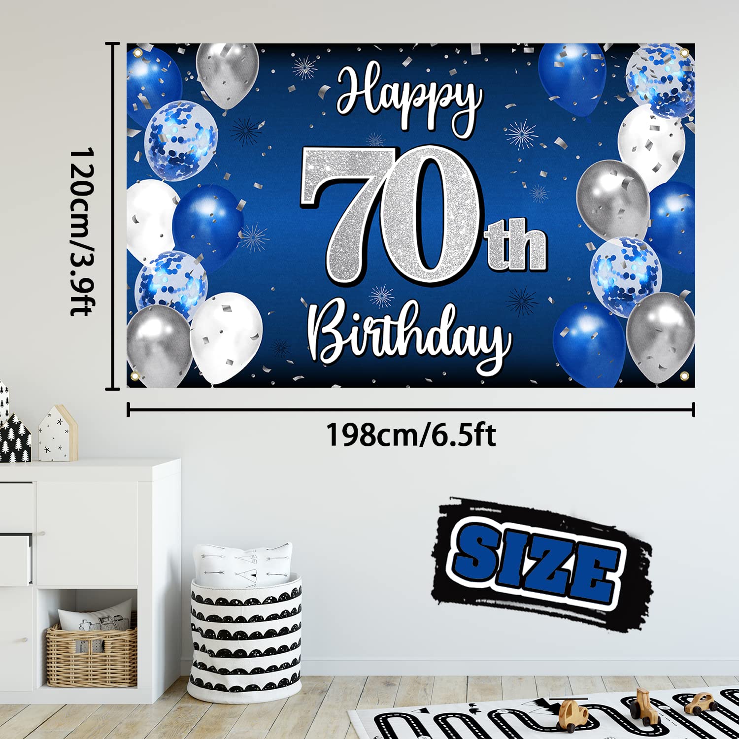 Nelbiirth blue-silver balloon banner highlights the party theme and color scheme.