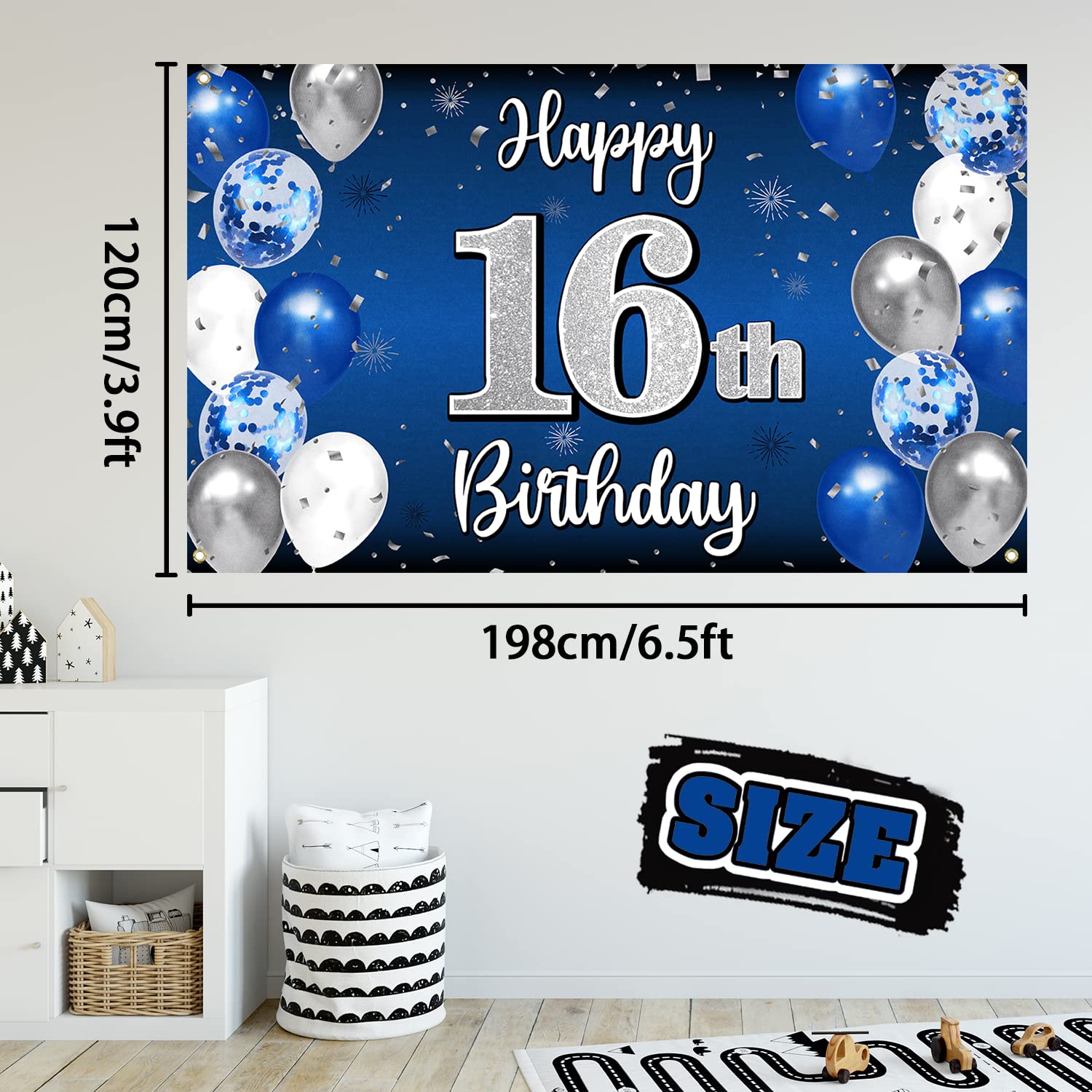 Nelbiirth blue-silver backdrop setup highlights easy hanging and party atmosphere.