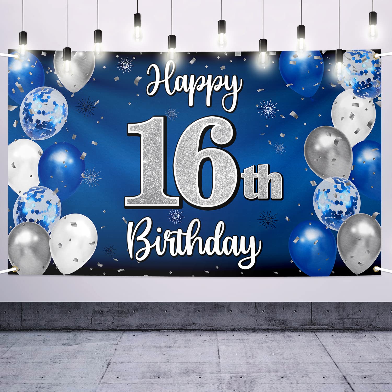 Nelbiirth Happy 16th banner front view, blue and silver design for memorable photos.