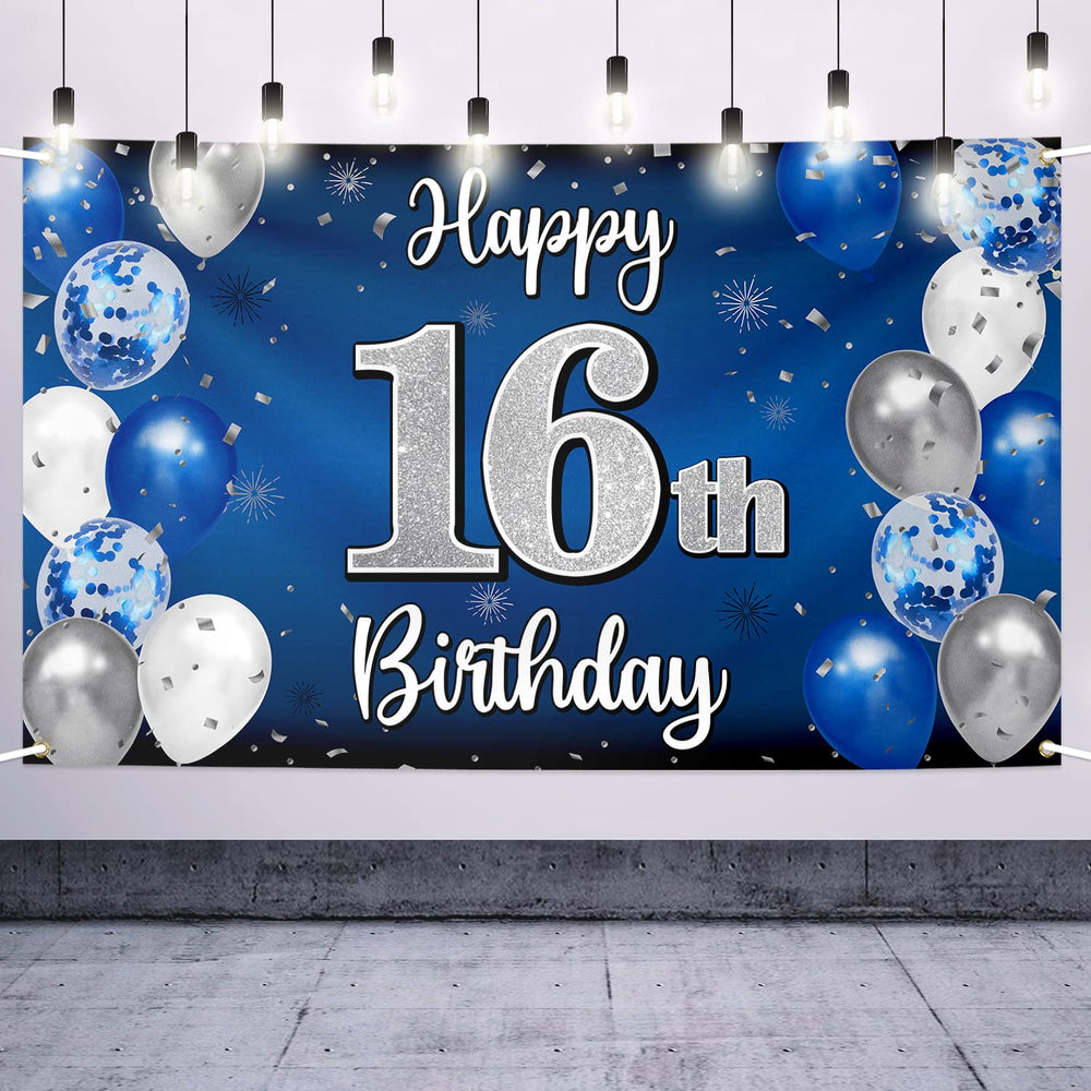 Nelbiirth Happy 16th banner front view, blue and silver design for memorable photos.