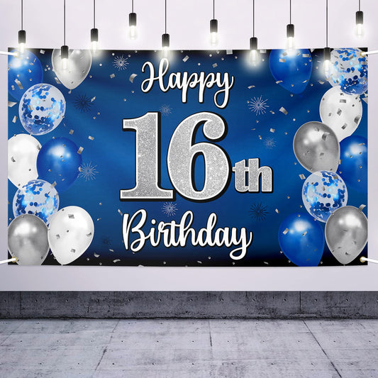 Nelbiirth Happy 16th banner front view, blue and silver design for memorable photos.