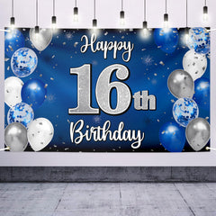 Nelbiirth Happy 16th banner front view, blue and silver design for memorable photos.