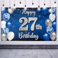 Nelbiirth Happy 27th Birthday Backdrop with blue-silver theme enhances photo moments.