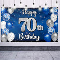 Nelbiirth Happy 70th Birthday banner backdrop, blue and silver, ideal for photo moments.