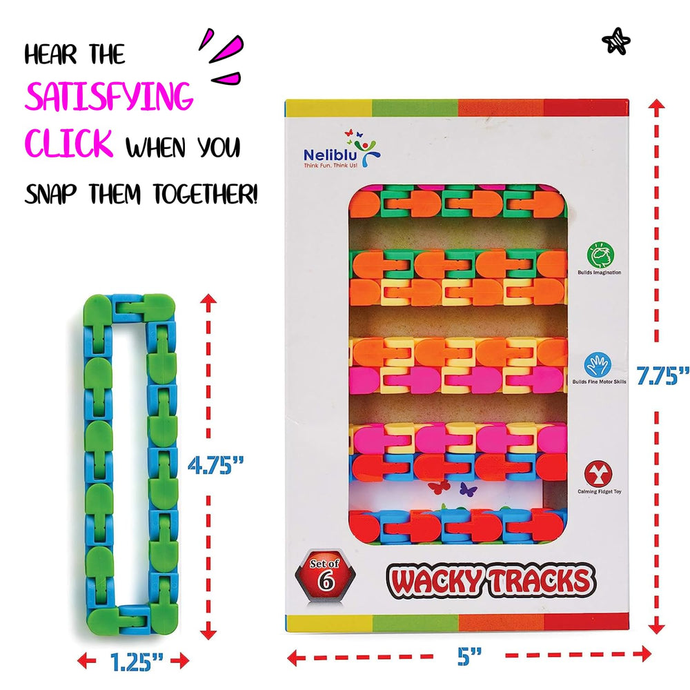 Neliblu Wacky Tracks snap-and-click action supports tactile focus during play