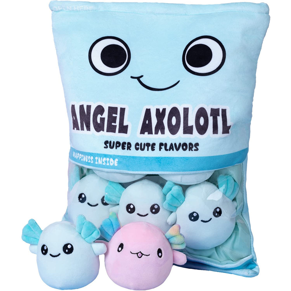 Nenalayo Axolotl plush bag front view, soft blue cuddle companion for kids