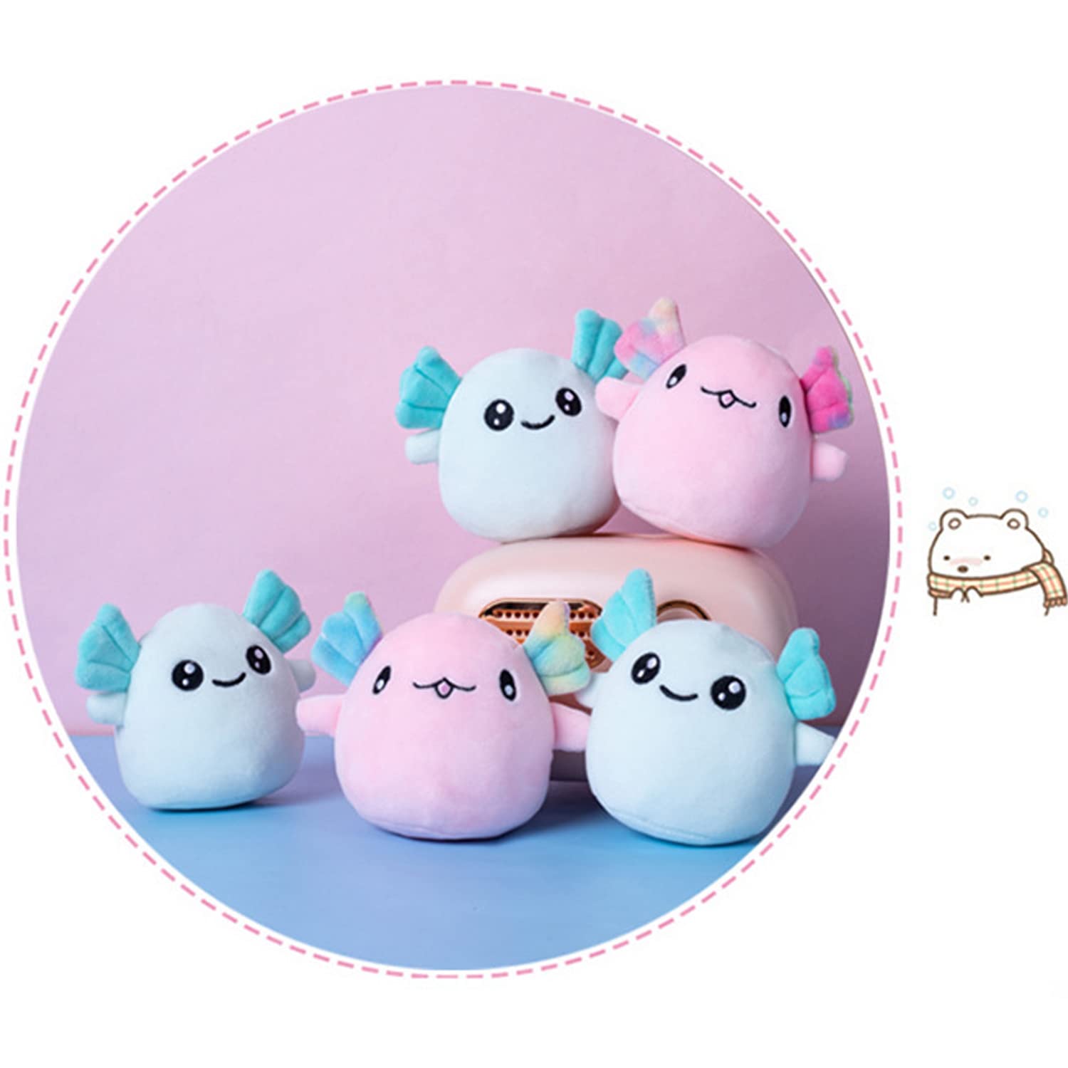 Nenalayo Axolotl plush toy close-up on blue fabric and features
