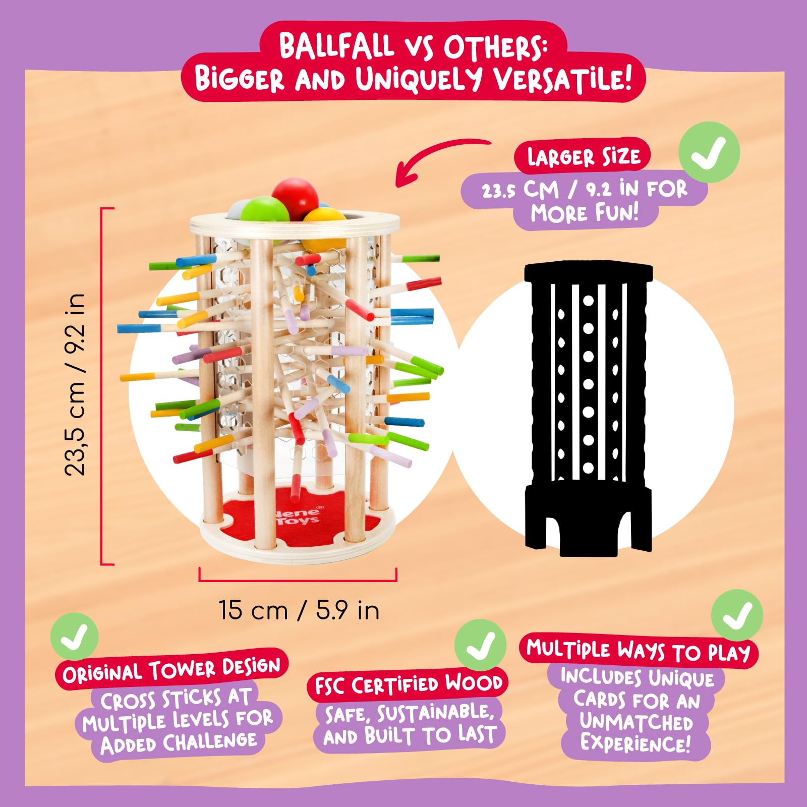 Nene Toys BALLFALL acrylic panels provide clear visibility while stacking.