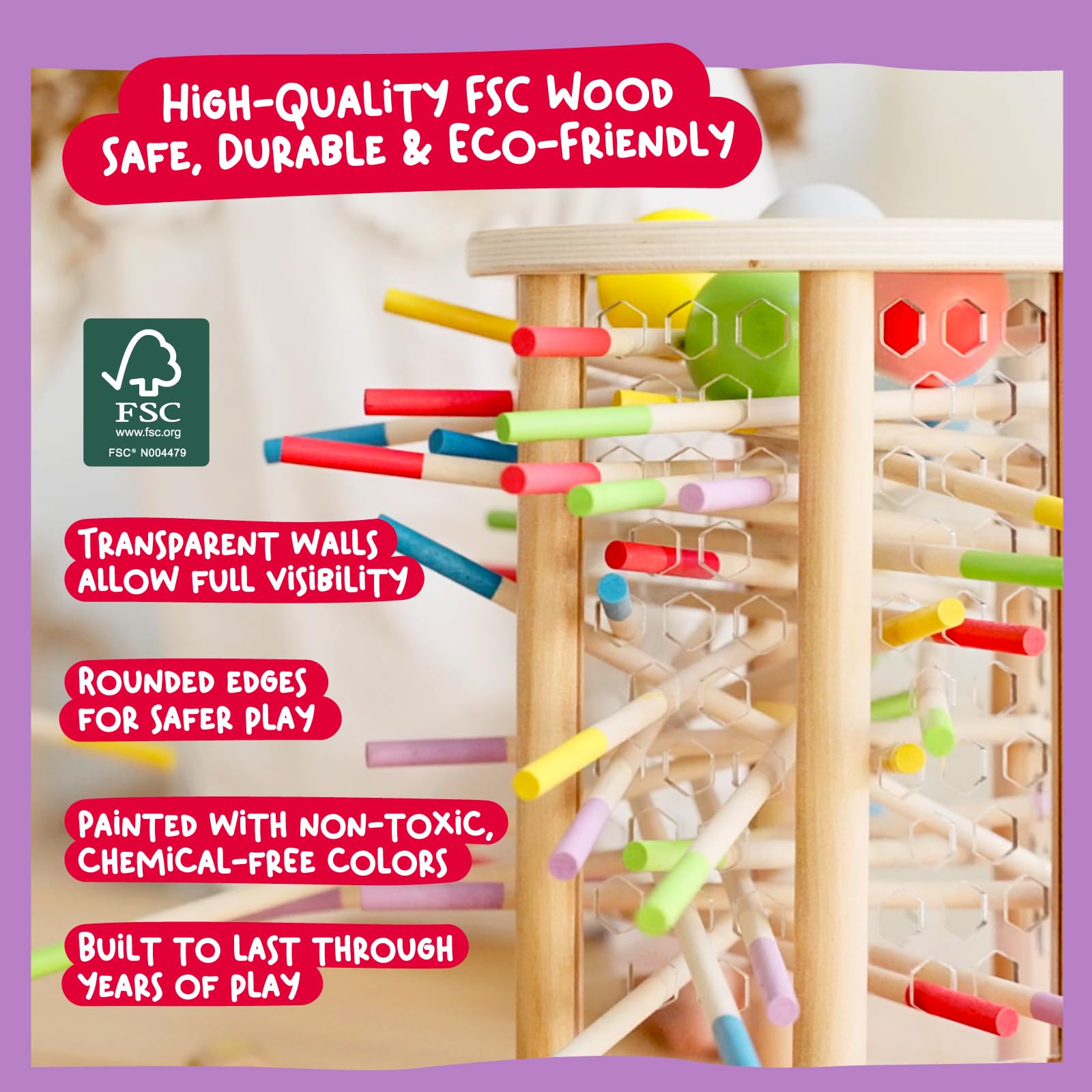 Nene Toys BALLFALL wooden construction emphasizes durable, safe play.