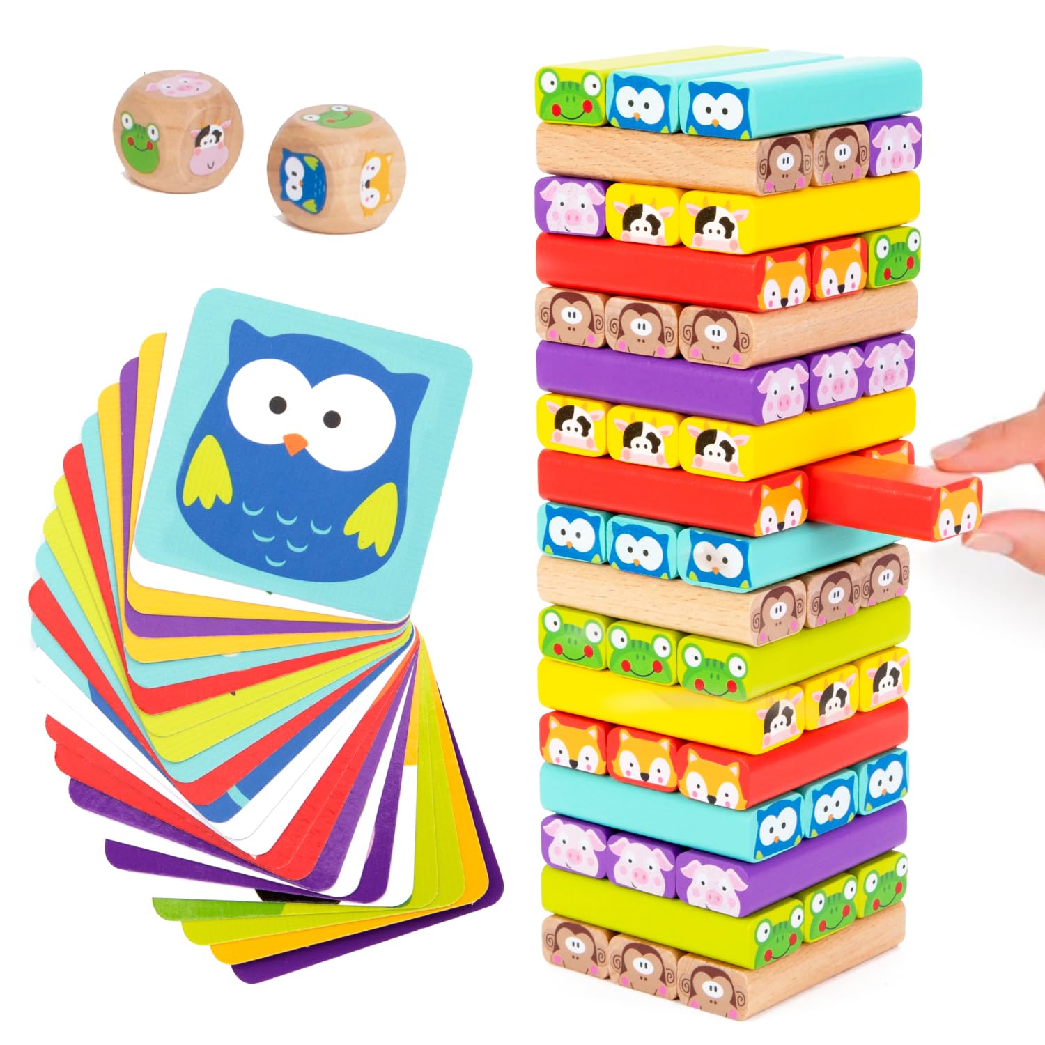 Nene Toys wooden tumble tower with animals and colors for creative play and color recognition.