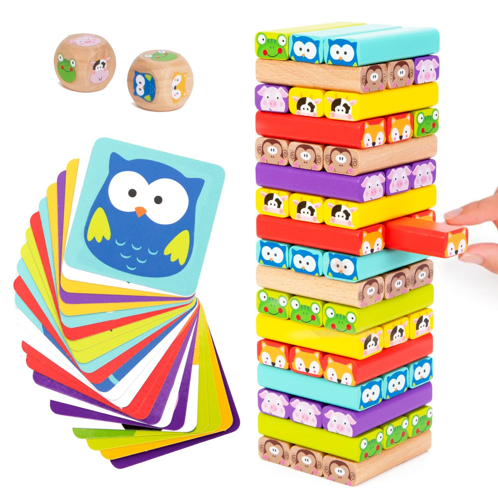 Nene Toys wooden tumble tower with animals and colors for creative play and color recognition.