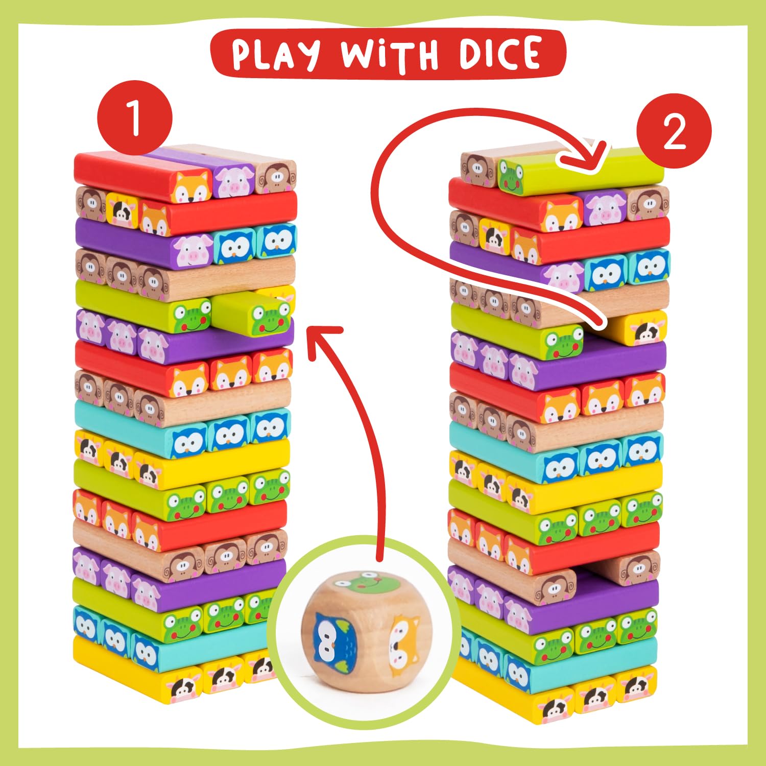 Nene Toys wooden tumble tower dice color-match play enhances color sorting and turn-taking.