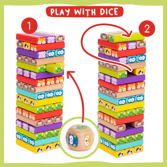 Nene Toys wooden tumble tower dice color-match play enhances color sorting and turn-taking.