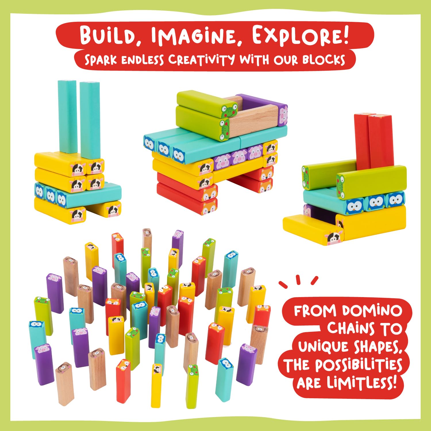 Nene Toys wooden tumble tower domino-chain setup encourages planning and problem-solving through play.