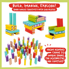 Nene Toys wooden tumble tower domino-chain setup encourages planning and problem-solving through play.