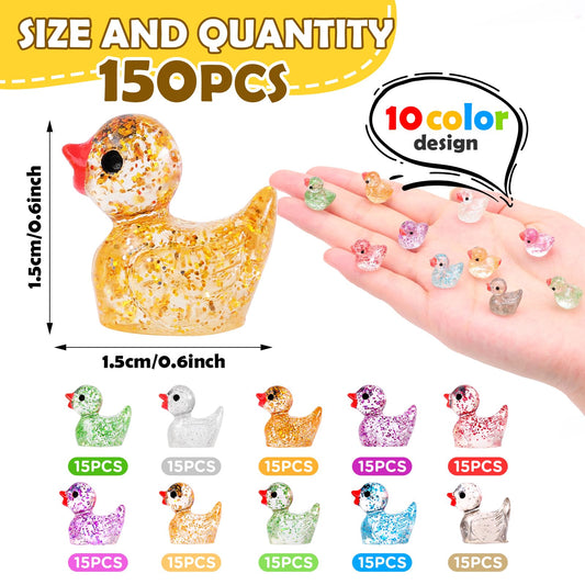 NEOACT glitter mini ducks close-up in vivid colors for creative displays.
