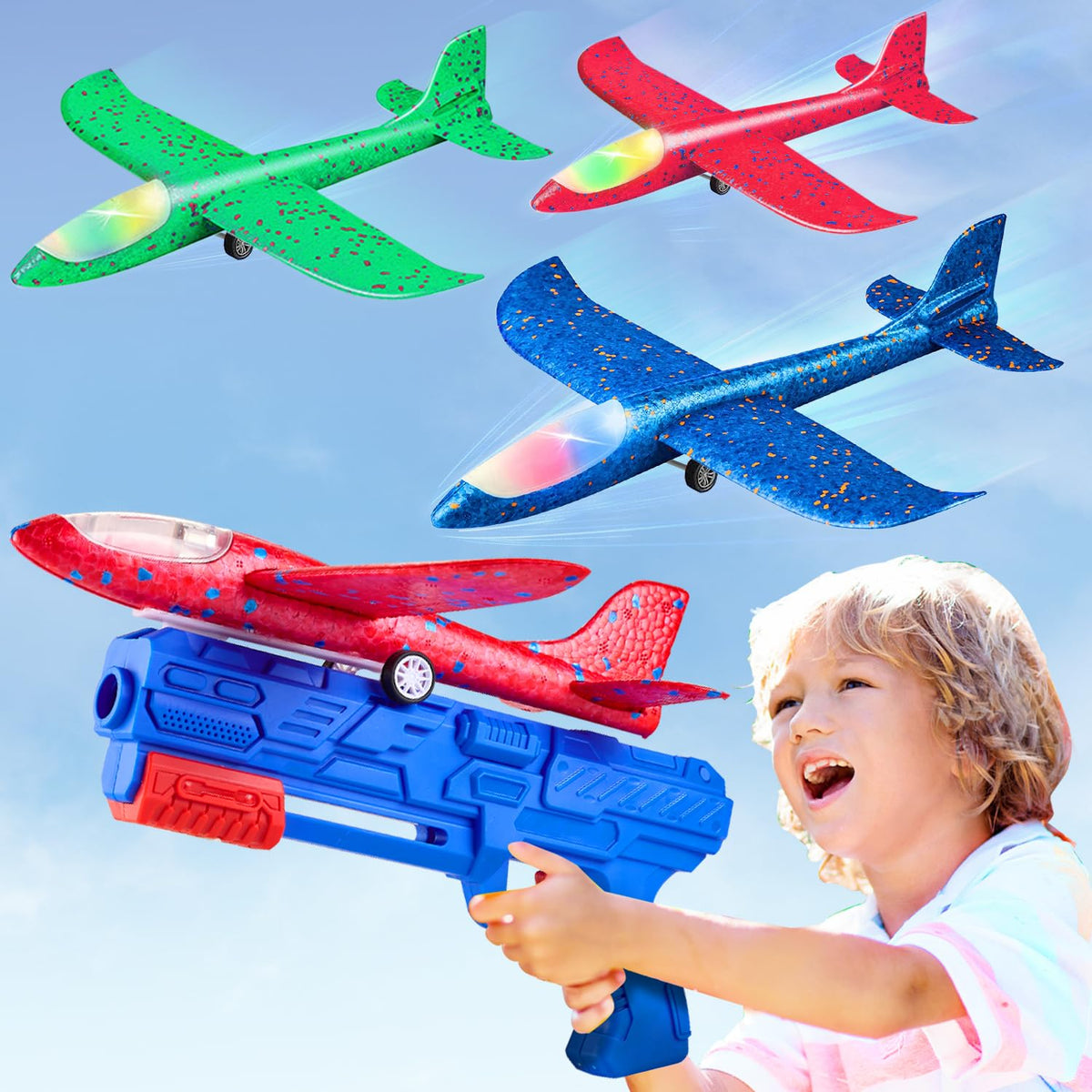 Neoot three-pack toy airplanes in green red and blue for outdoor play