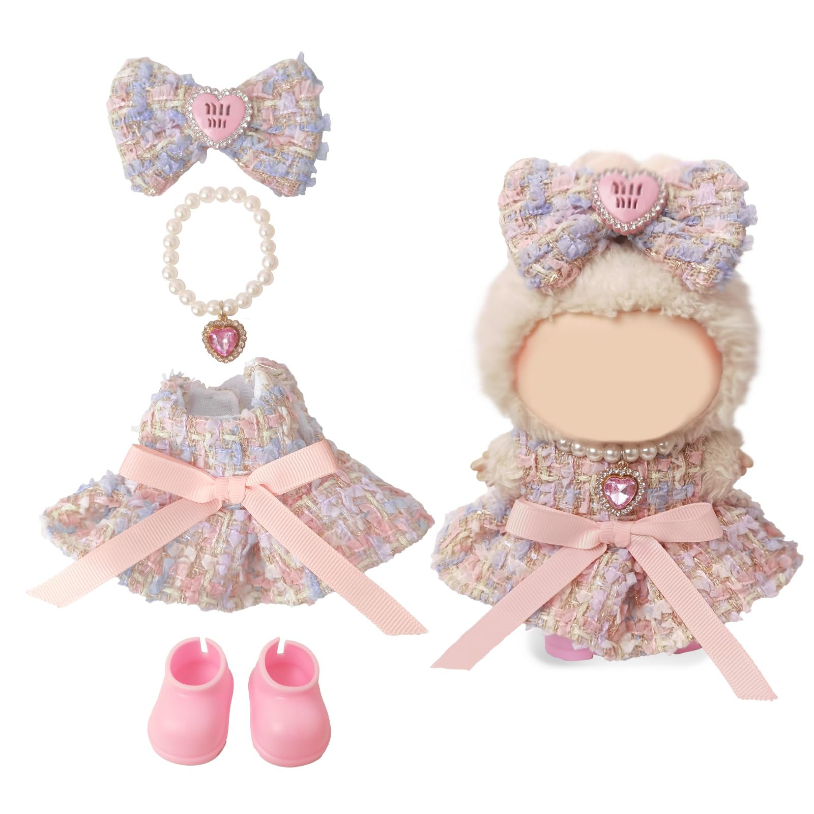 NEOVISTA Cotton Candy Princess dress, pastel tweed bow, for Labubu dolls, chic fairytale styling