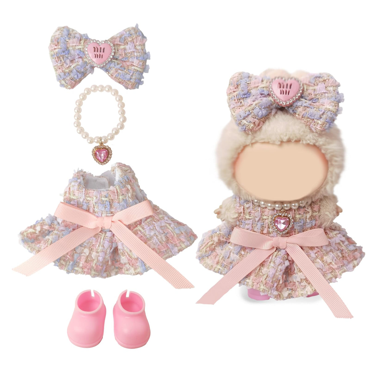 NEOVISTA Cotton Candy Princess dress, pastel tweed bow, for Labubu dolls, chic fairytale styling