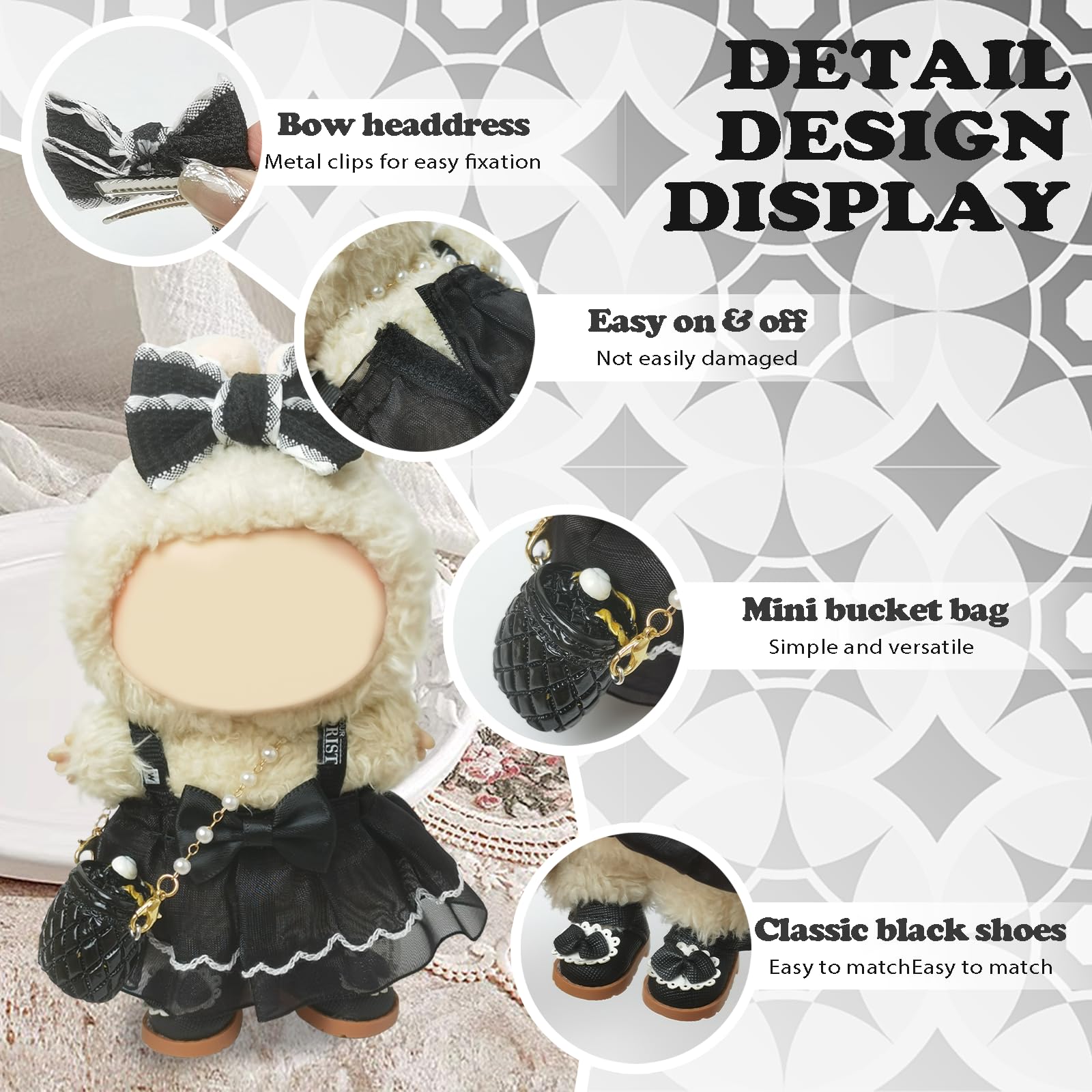 NEOVISTA Lace-edged shoes finish the Labubu ensemble with refined detail.