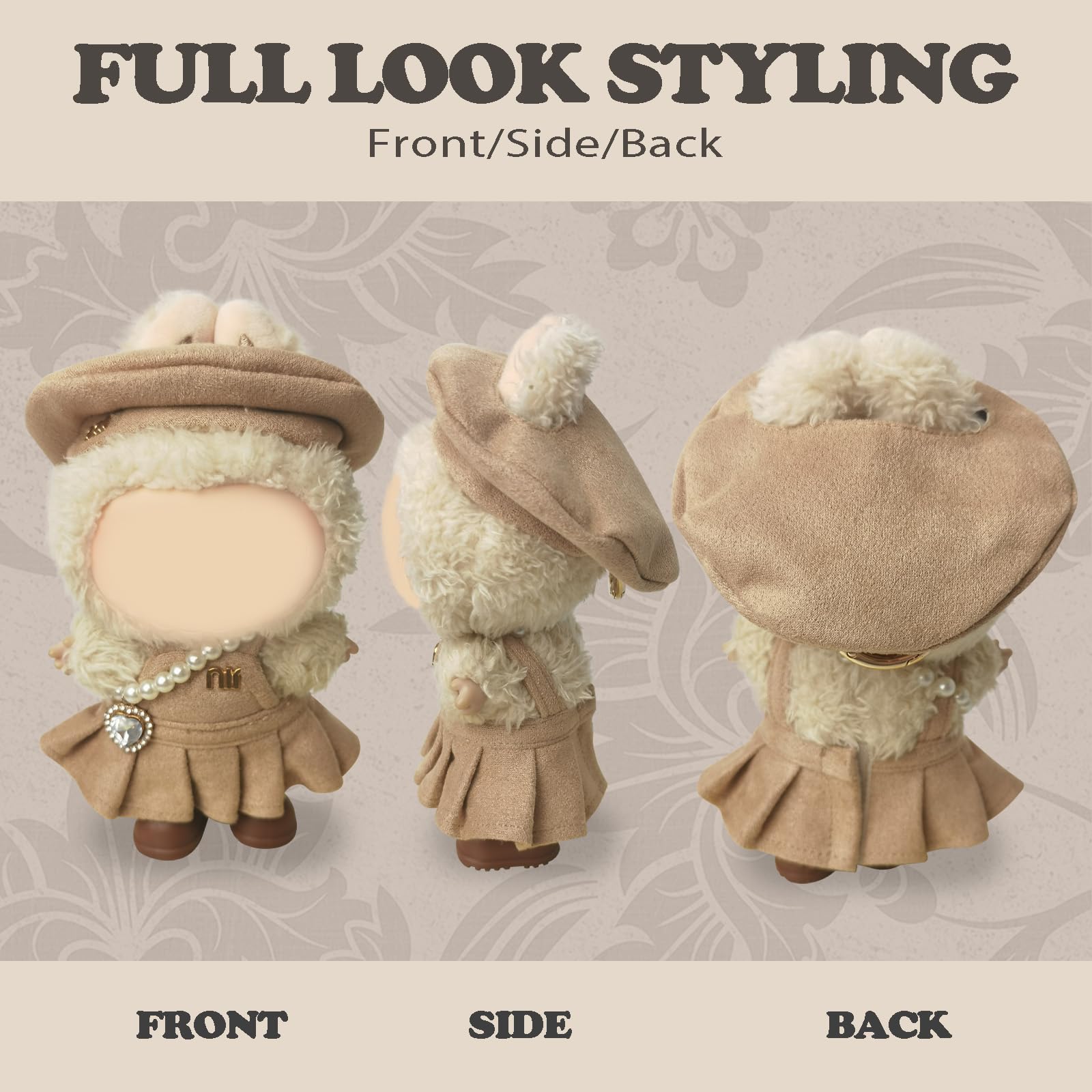 NEOVISTA Labubu brown doll shoes complete the polished campus look.