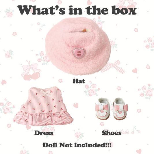 NEOVISTA Cherry Picnic Dress Set for LABUBU Doll – 3-Piece Pastoral Outfit (17cm)
