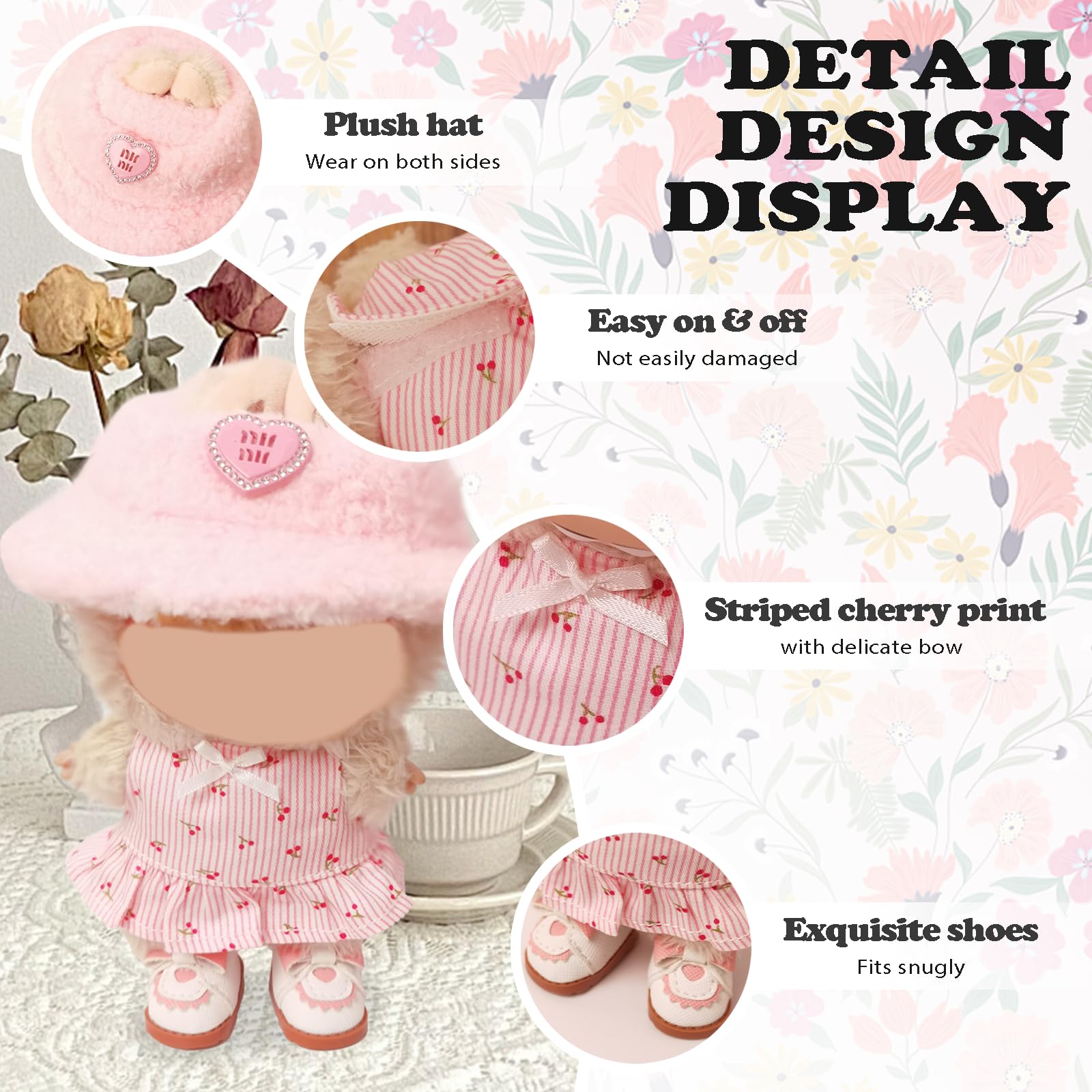 NEOVISTA Cherry Picnic Dress Set for LABUBU Doll – 3-Piece Pastoral Outfit (17cm)