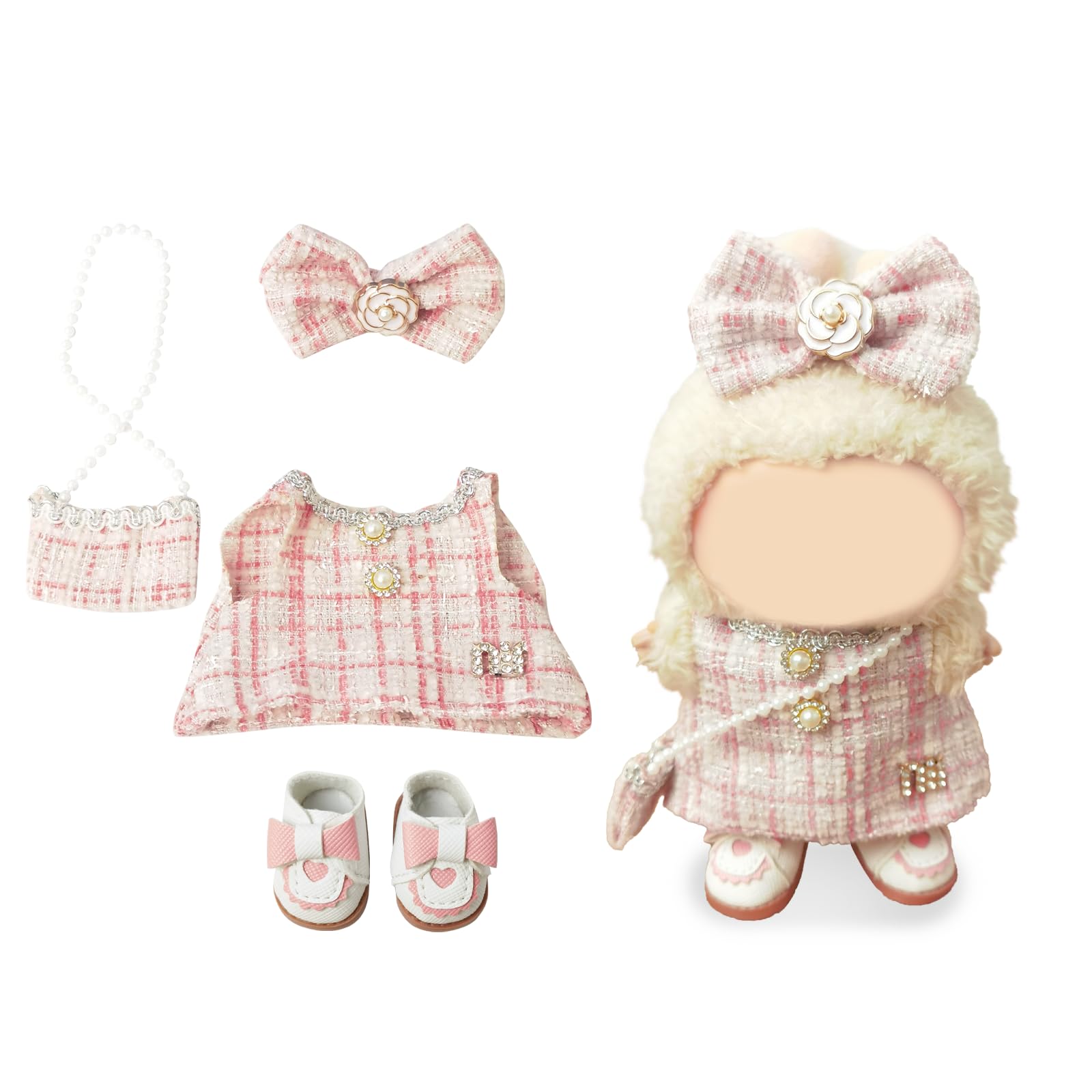 NEOVISTA Labubu pink tweed dress with pearl buttons for charming pastel looks
