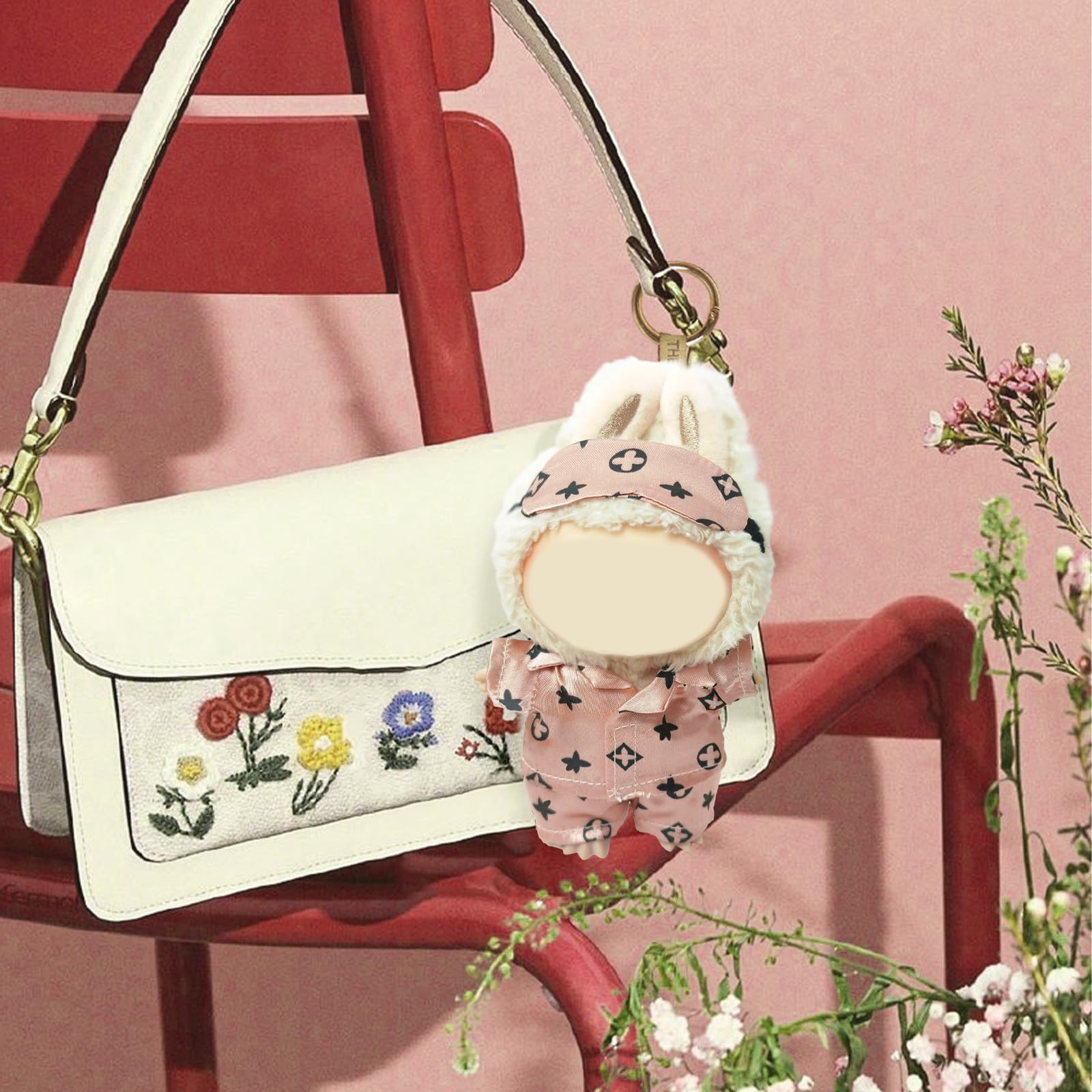 Labubu doll bedtime scene wearing NEOVISTA Rosy Sleepwear for display