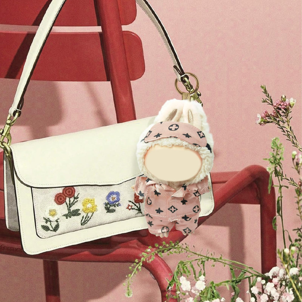 Labubu doll bedtime scene wearing NEOVISTA Rosy Sleepwear for display