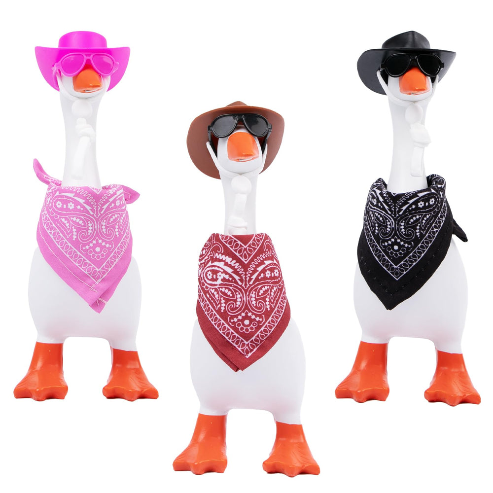 Neowedding 3-set desk goose outfits with pink, brown, and black cowboy hats on a goose statue for desk decor