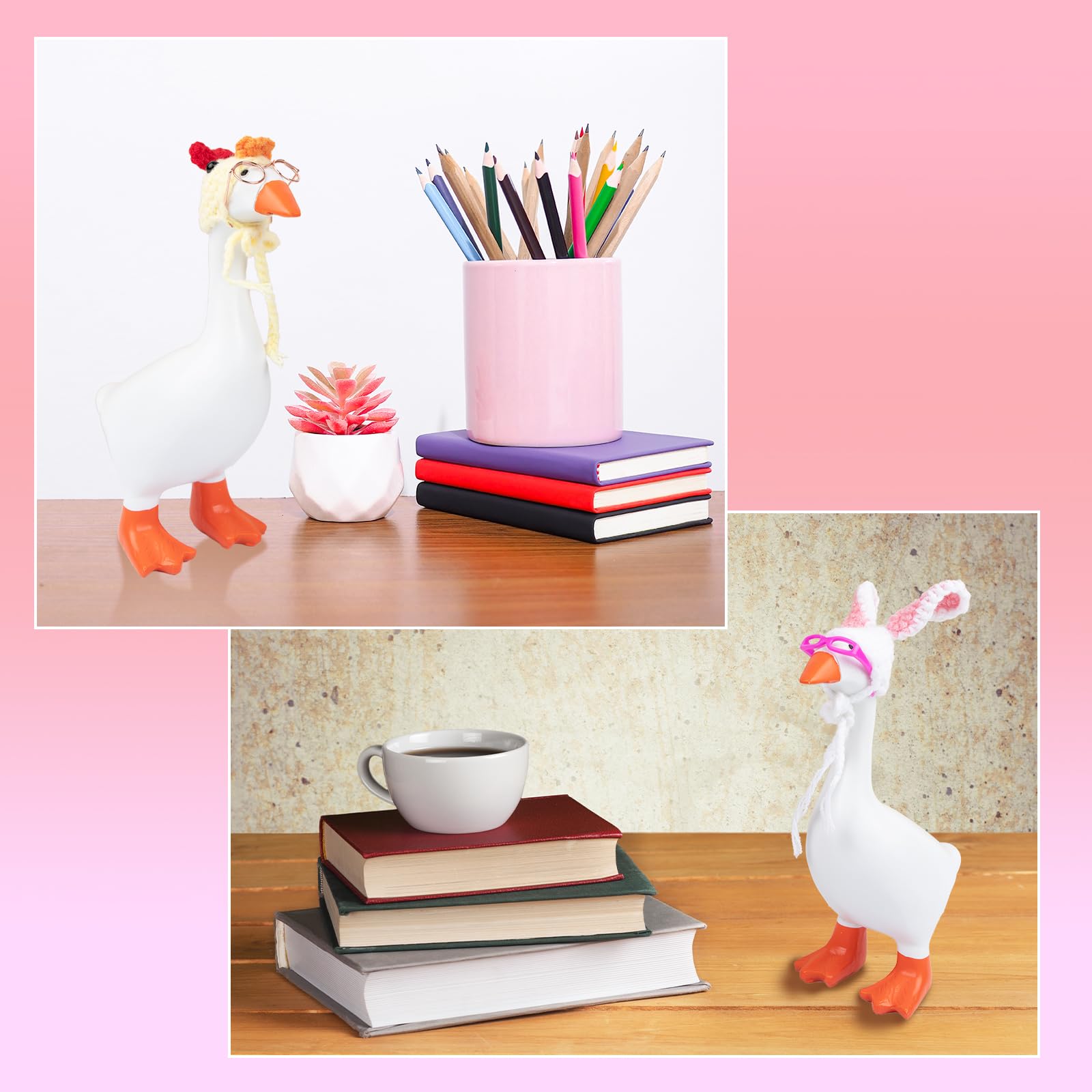 Neowedding desk goose hat bunny ears creates a cute vibe