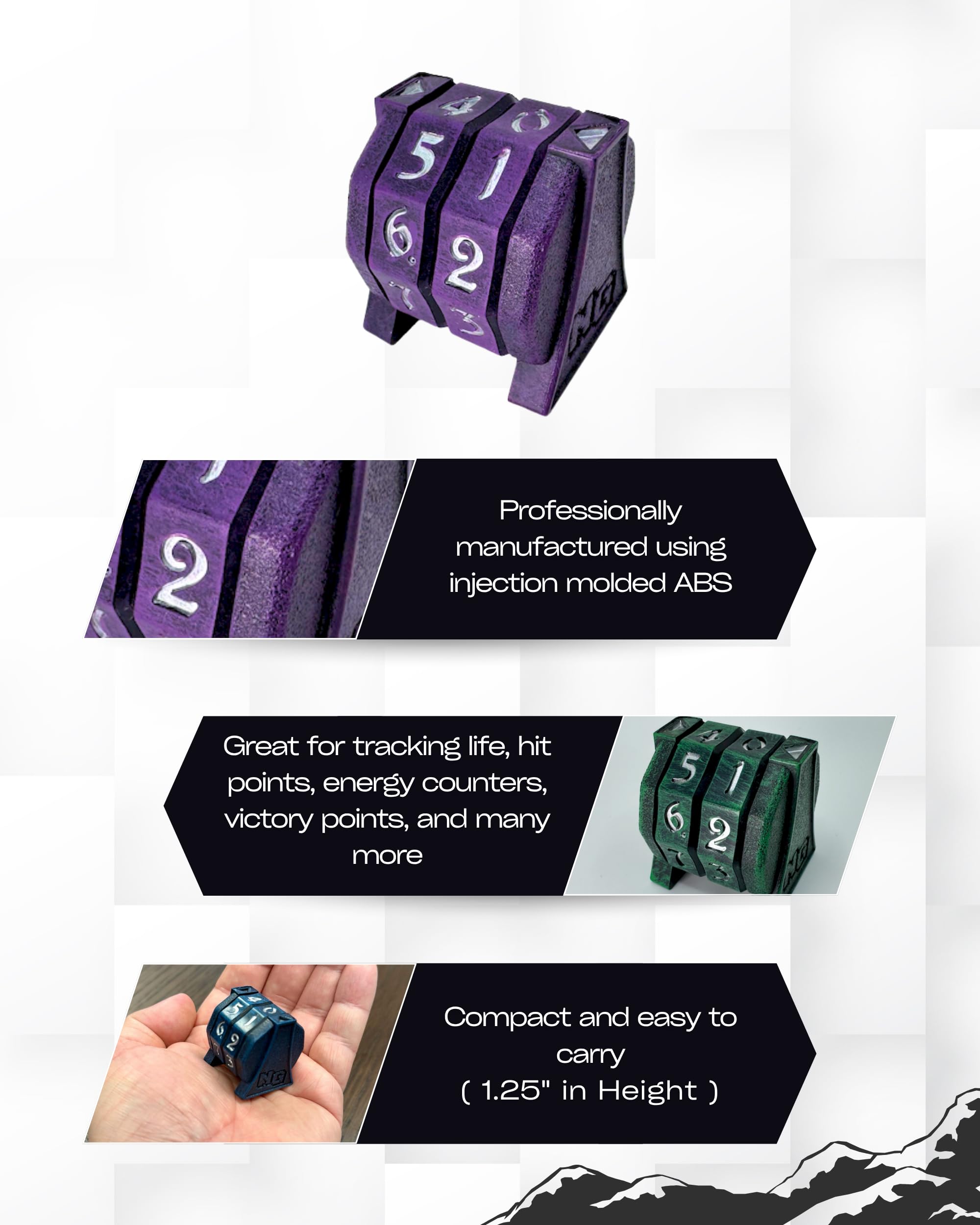 NERD GEAR LifeTrax life counter on a DND table with dice and tokens