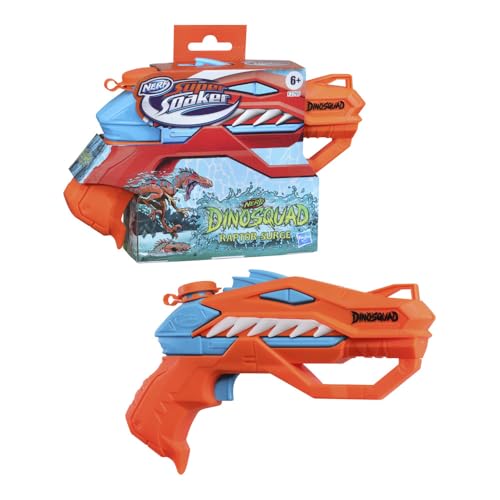 Nerf Dinosquad Raptor-Surge action shot shows dinosaur design for epic backyard battles.