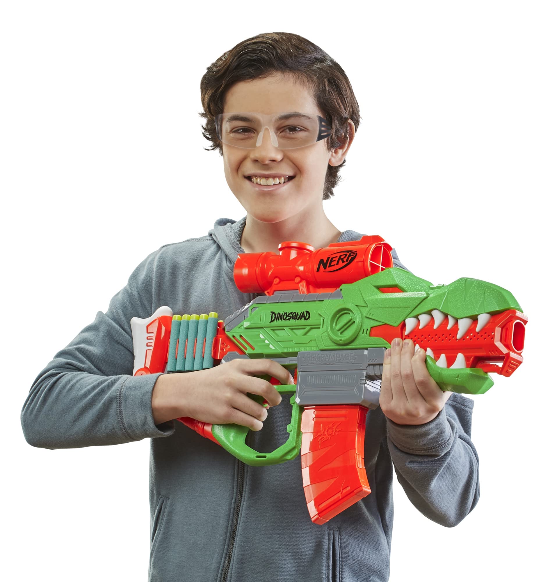 DinoSquad Rex-Rampage design reflects a fierce Tyrannosaurus Rex.