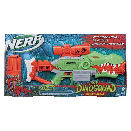 Motorized blasting action powers rapid firing in outdoor Nerf battles.