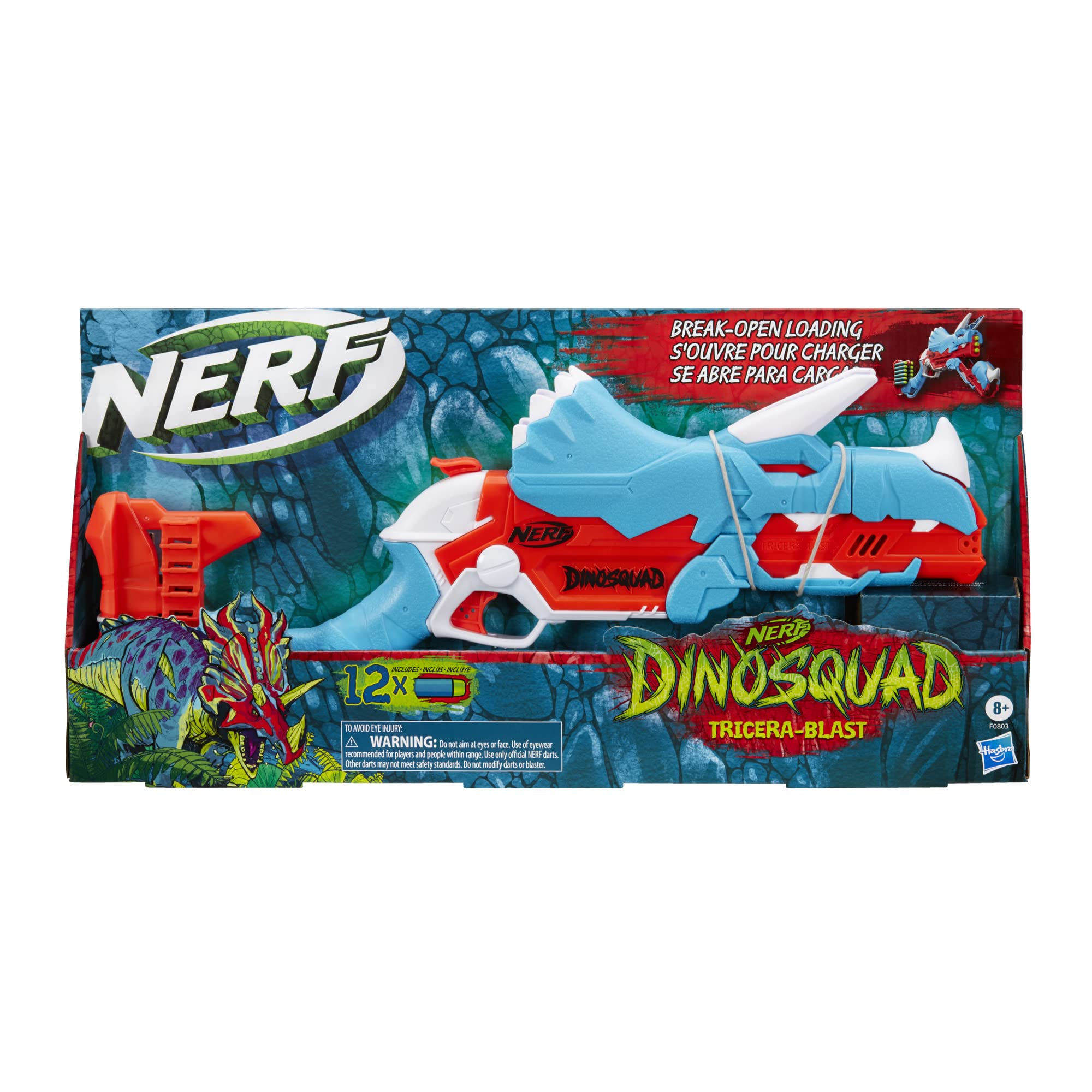 Nerf DinoSquad Tricera-Blast barrel-open loading demonstrates three-dart setup.