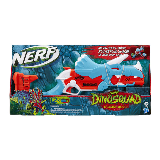 Nerf DinoSquad Tricera-Blast barrel-open loading demonstrates three-dart setup.