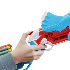Nerf DinoSquad Tricera-Blast onboard-dart-storage keeps extra darts within reach.
