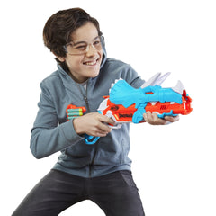 Nerf DinoSquad Tricera-Blast dinosaur-design adds playful character to battles.