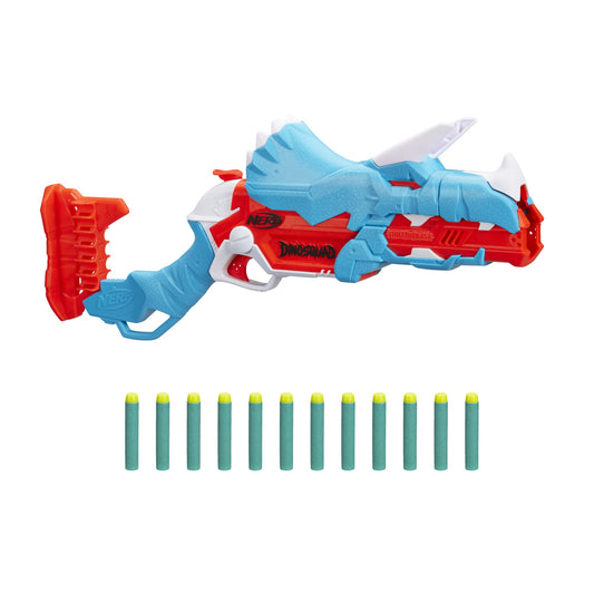 Nerf DinoSquad Tricera-Blast front horn loading action for dynamic play.