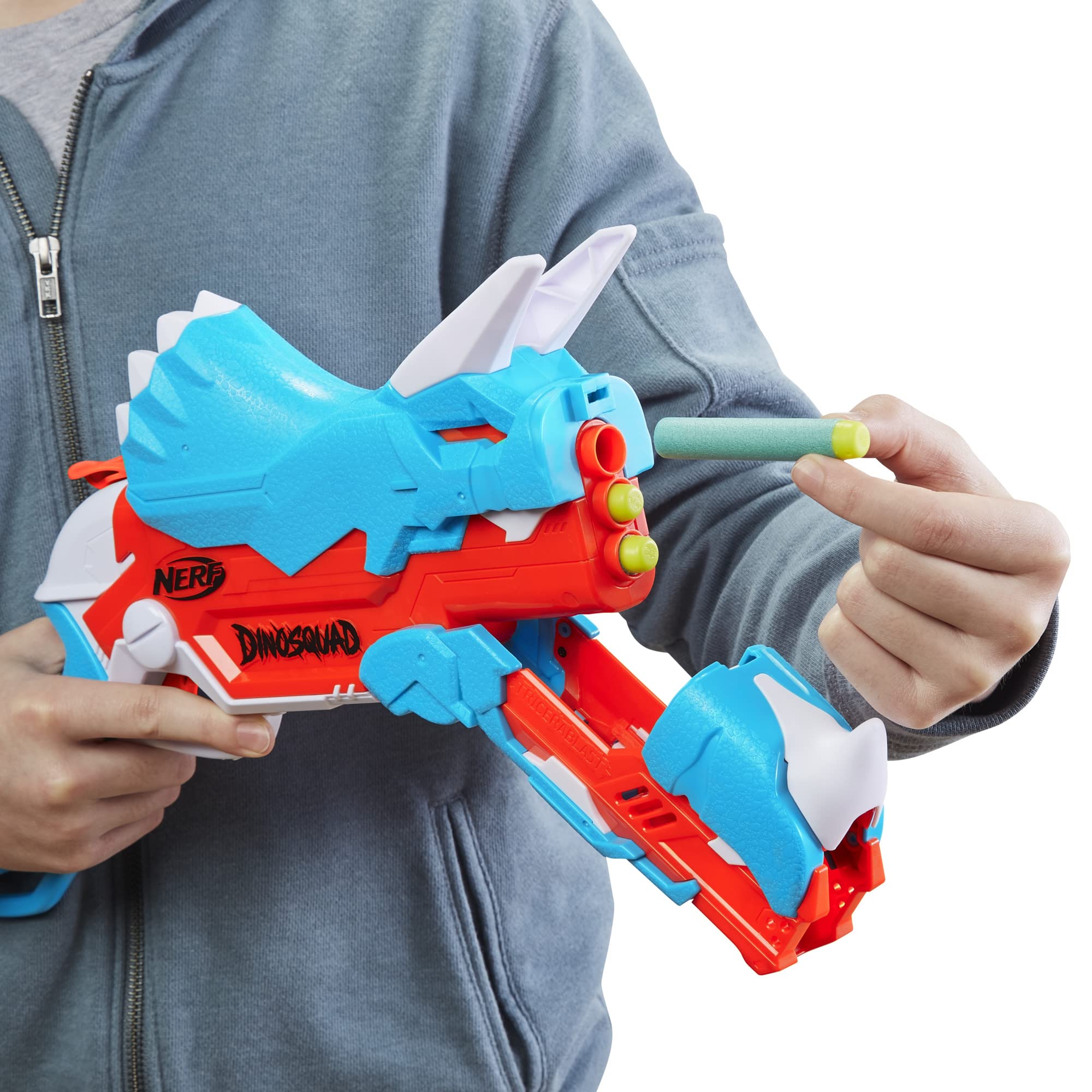 Nerf DinoSquad Tricera-Blast hammer-priming for smooth single-dart launches.
