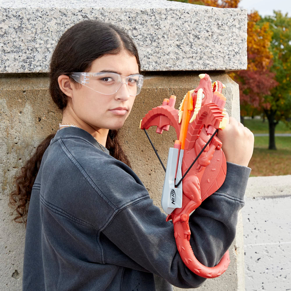 Nerf crossbow tail wrap-around-arm design enhances flexible play.